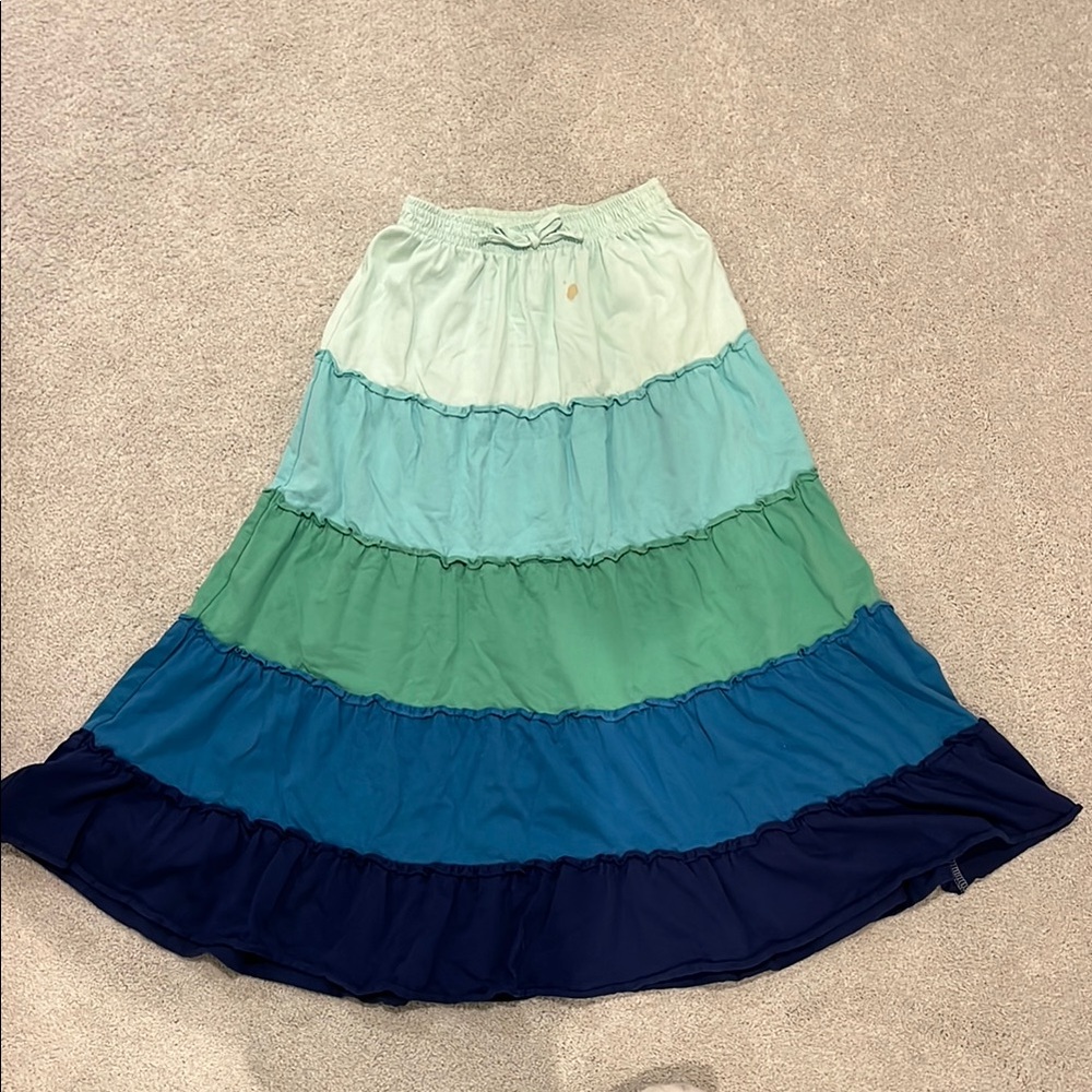 Garnet Hill Green and Blue Tiered Maxi Skirt Resort Wear